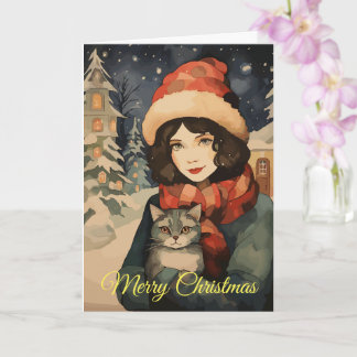 Vintage a lady and a cat holiday greeting card