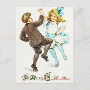 Vintage A Merry Christmas Boy and Girl Dance Holiday Postcard