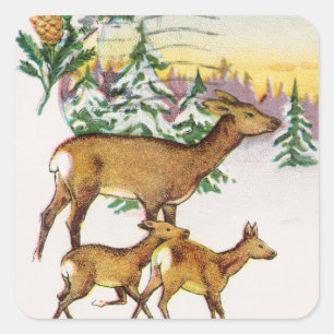 Vintage A Merry Christmas Deer and House in Snow Square Sticker