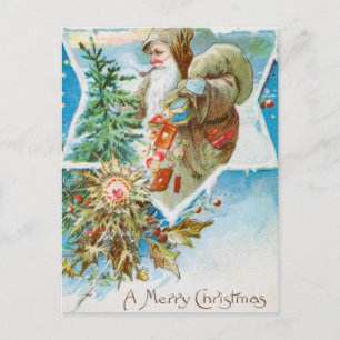 Vintage A Merry Christmas Old Man and Tree Holiday Postcard