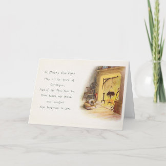 Vintage A Merry Christmas Poem Dog and Fireplace Holiday Card