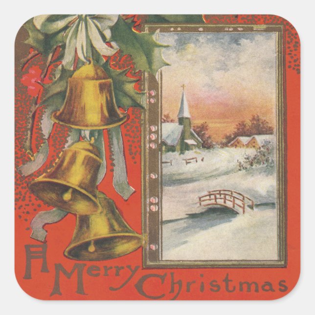 Vintage "A Merry Christmas" with Bells Square Sticker (Front)