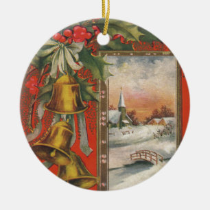 Vintage "A Merry Christmas" with Christmas Bells Ceramic Ornament