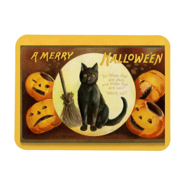 Vintage A Merry Halloween Black Cat Broom Magnet (Horizontal)