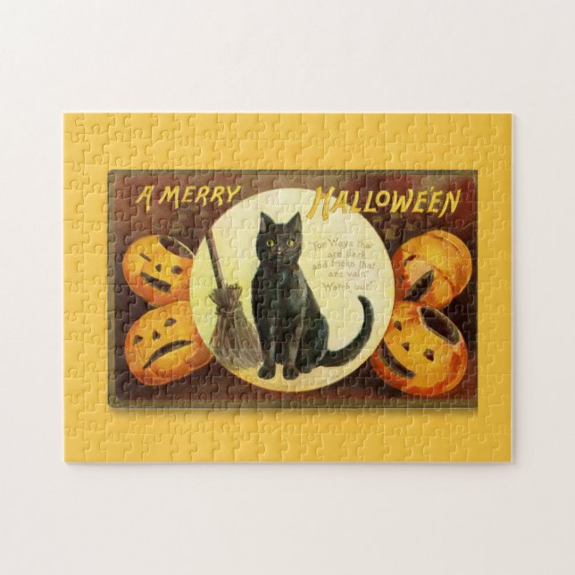Vintage A Merry Halloween Black Cat Jigsaw Puzzle (Horizontal)