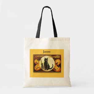 Vintage A Merry Halloween Black Cat Tote Bag