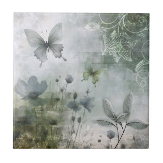 Vintage Abstract Butterflies Flowers Design 401 Tile