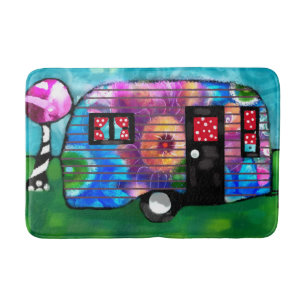 Vintage Abstract Camp Trailer Floral Happy Camper Bath Mat
