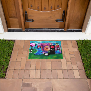 Vintage Abstract Camp Trailer Floral Happy Camper Doormat