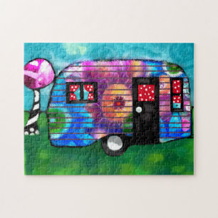 Vintage Abstract Camp Trailer Floral Happy Camper Jigsaw Puzzle