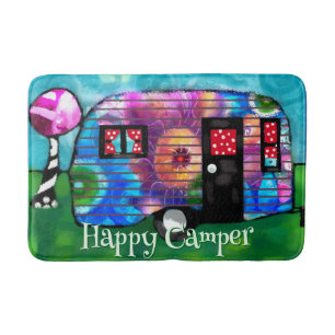 Vintage Abstract Camp Trailer Floral Personalized Bath Mat