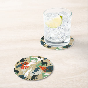 Vintage Abstract Hunting Dogs  Round Paper Coaster