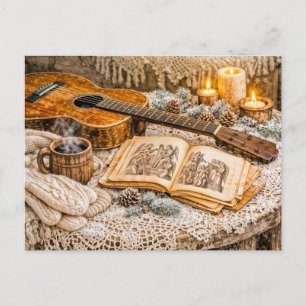 Vintage Acoustic Guitar with Candles and Cozy Wint Postcard