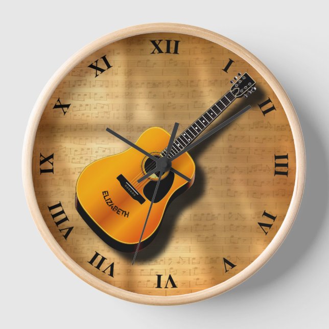 Vintage Acoustic Guitar With Musician Custom Name Clock (Front)