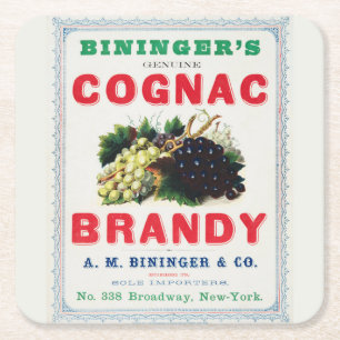 Vintage Ad For Bininger's Cognac Brandy. Square Paper Coaster