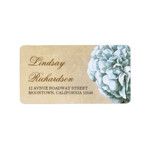 vintage address label  with blue peony blossom