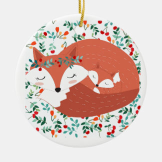 Vintage adorable cute mother fox wolf and her baby ceramic ornament
