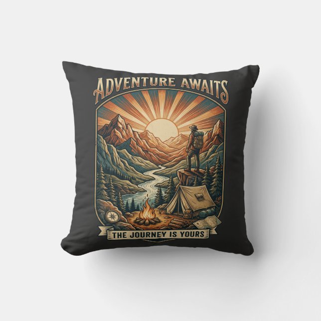 Vintage Adventure Awaits Retro Mountain Throw Pillow (Front)