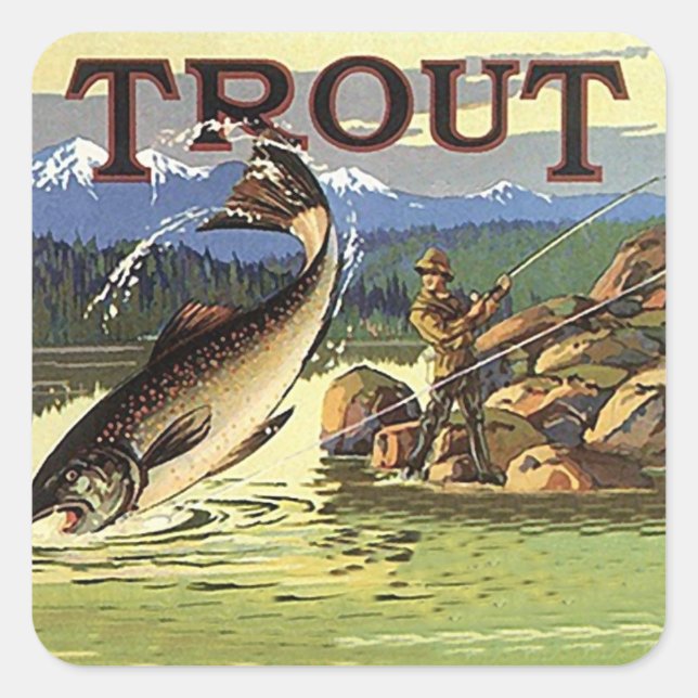 Vintage Advertising Trout Stream Fishing Fisherman Square Sticker (Front)