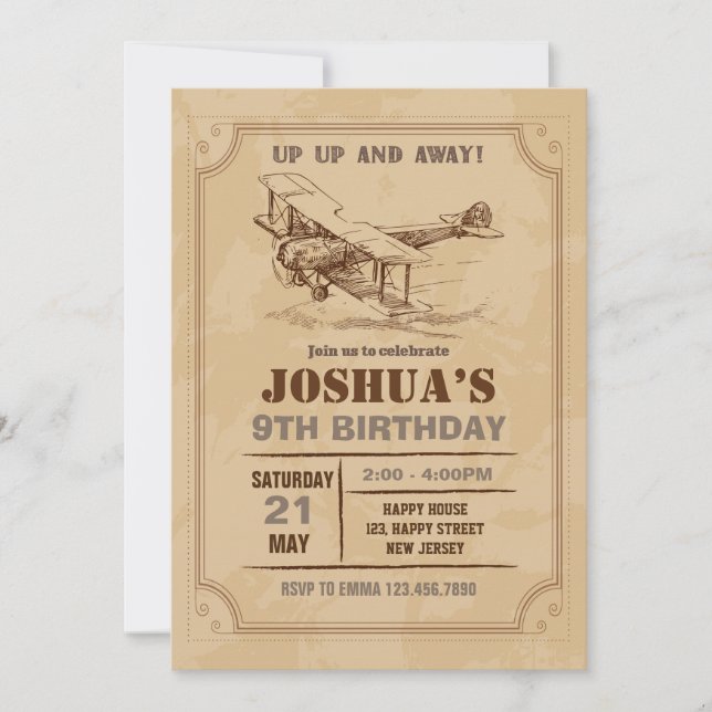 Vintage Aeroplane Birthday Invitation (Front)