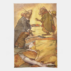 Vintage Aesop's Fable, Country Mouse, City Mouse Kitchen Towel