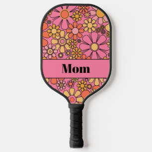 Vintage Aesthetic Groovy Pink Flowers for Mom Pickleball Paddle