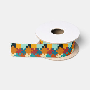 Vintage Aesthetic Puzzle Pieces Pattern Satin Ribbon