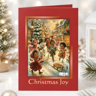 Vintage African American Children and Snowman Holiday Card