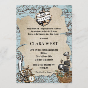 Vintage Ahoy It's a Boy Pirate Baby Shower Map Invitation