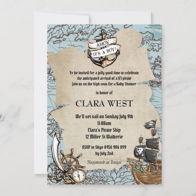 Vintage Ahoy It's a Boy Pirate Baby Shower Map Invitation (Front)