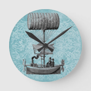 Vintage Airboat  Blue Damask Round Clock
