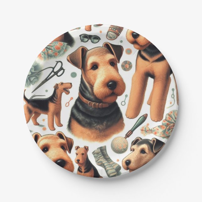 Vintage Airedale Terrier Seamless Paper Plate (Front)