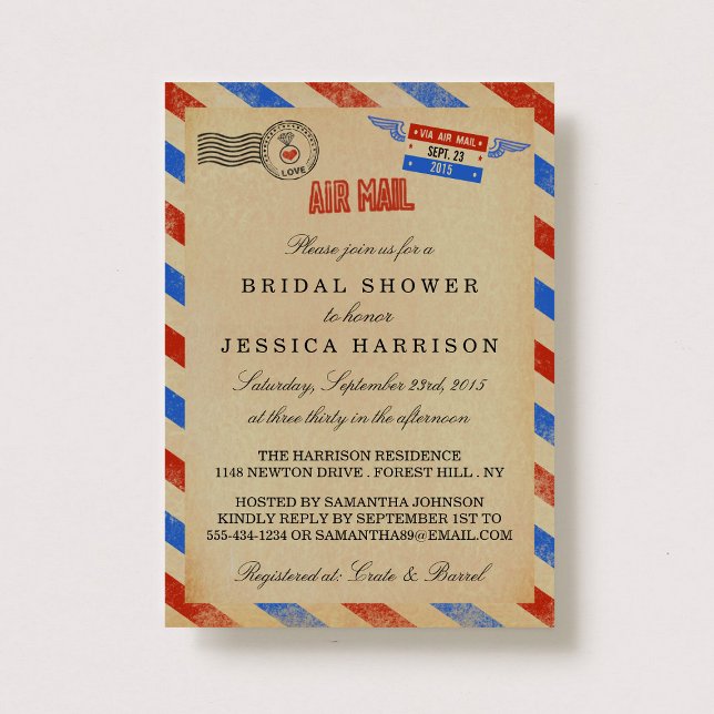 Vintage Airmail Bridal Shower Invitations (Creator Uploaded)