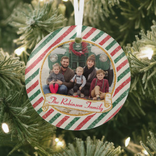 Vintage Airmail Glitter Christmas Family Photo Gla Glass Ornament