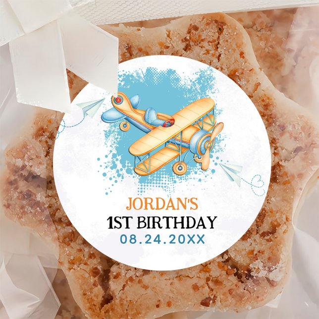 Vintage Airplane 1st Birthday Party Classic Round Sticker (Creator Uploaded)