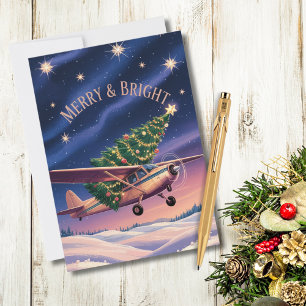 Vintage Airplane and Christmas Tree Photo Funny Holiday Card