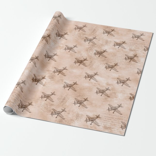 Vintage Airplane and Newsprint Wrapping Paper (Unrolled)
