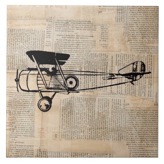 Vintage Airplane Antique Plane on Newspaper Text Tile (Front)