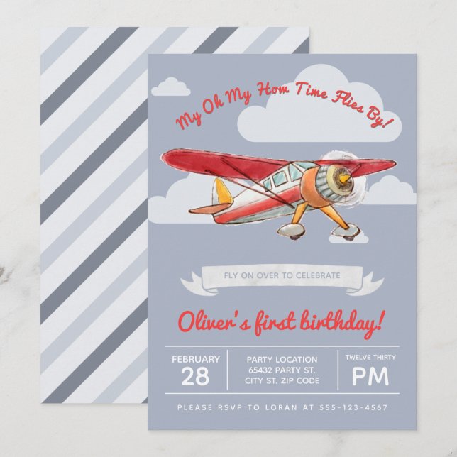 Vintage Airplane Birthday Invitation (Front/Back)