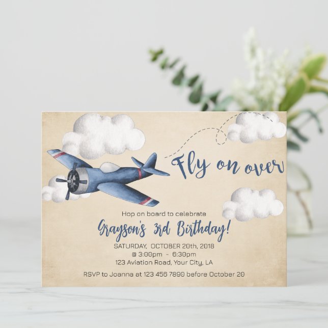 Vintage Airplane Birthday Invitation, Boy Invite (Standing Front)