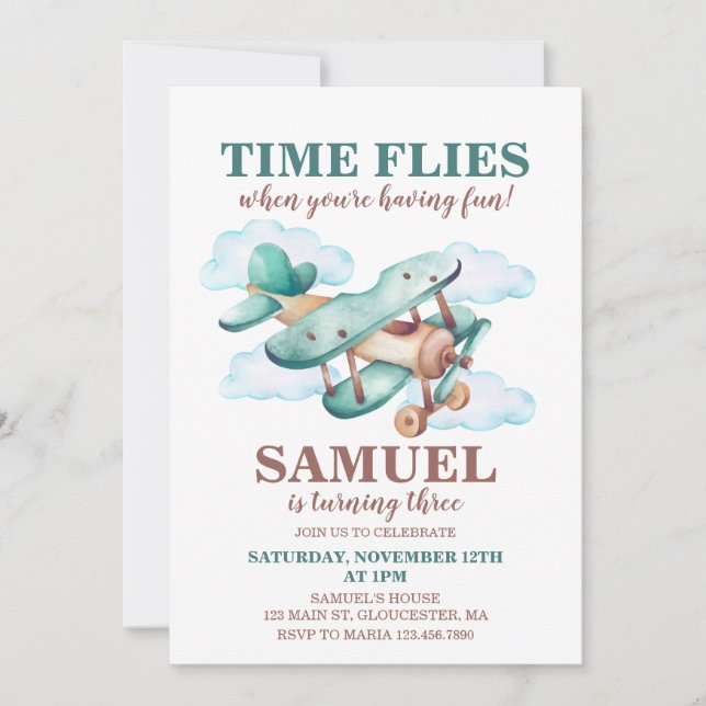 Vintage Airplane Birthday Party Time Flies Invitation (Front)