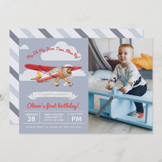 Vintage Airplane Birthday, Photo Invitation (Front/Back)