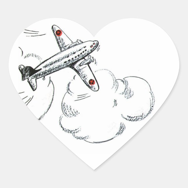 Vintage Airplane Black and White Drawing Heart Sticker (Front)