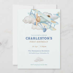 Vintage Airplane Blue Birthday Party Invitation