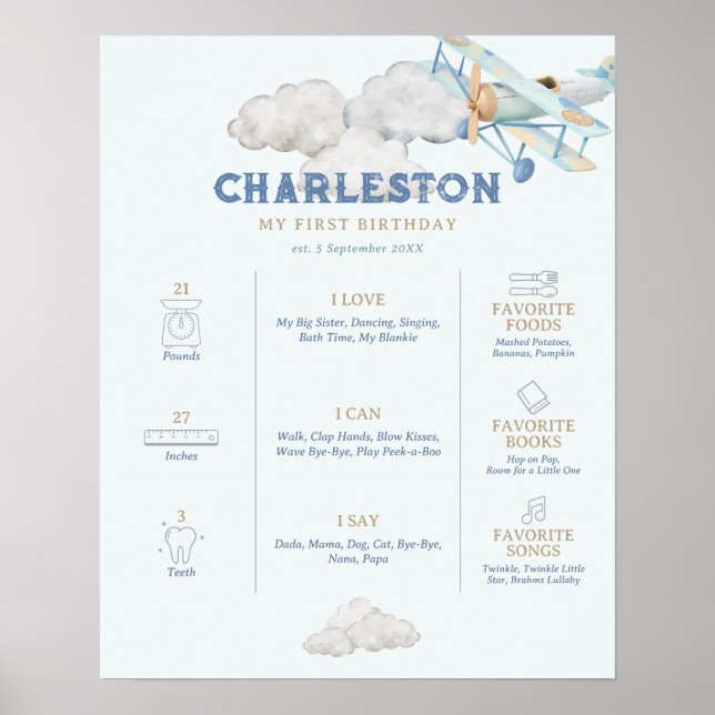 Vintage Airplane Blue Milestone Birthday Poster (Front)