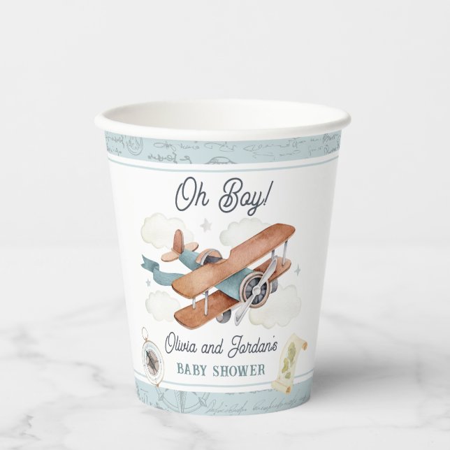 Vintage Airplane Boy Travel Baby Shower Paper Cups (Front)