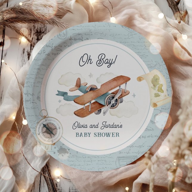 Vintage Airplane Boy Travel Baby Shower Paper Plate (Creator Uploaded)