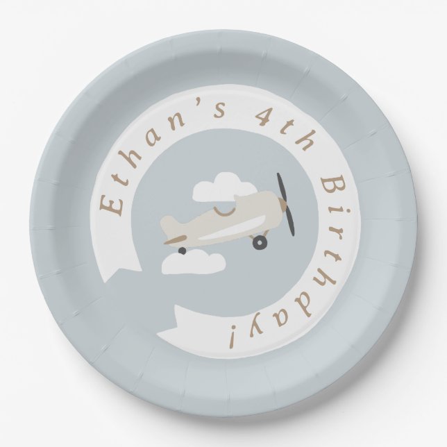 Vintage Airplane Boys Birthday Personalised Paper Plate (Front)