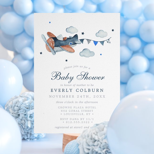 Vintage Airplane Clouds Boy Baby Shower Invitation (Creator Uploaded)