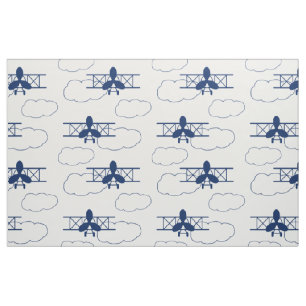 Vintage Airplane Clouds Navy Blue Fabric